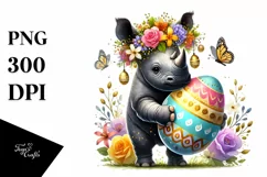 Baby Rhino with Easter Egg, Watercolor PNG Product Image 1