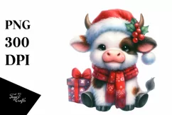 Watercolor Pastel Cow Dressed for Christmas | Clipart Product Image 1