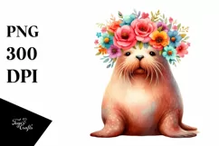 Cute Walrus with Flower Crown, High-Res PNG Product Image 3