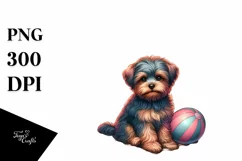 Watercolor Yorkipoo Sitting in Sand with Surf and Ball | Product Image 1