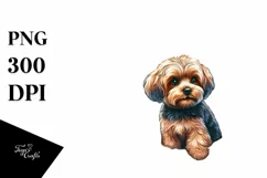 Watercolor Yorkipoo Sitting in Sand with Surf and Ball | Product Image 3