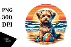 Watercolor Yorkipoo Sitting in Sand with Surf and Ball | Product Image 3