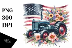 Vintage Tractor Flowers USA Flag | Sublimation Clipart Product Image 1