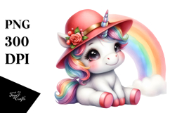 Watercolor Cute Baby Unicorn with Red Hat and Rainbow | Product Image 1