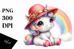 Watercolor Cute Baby Unicorn with Red Hat and Rainbow | Product Image 1