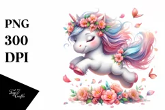 Baby Unicorn Tumbling with Spring Petals | Watercolor Product Image 1