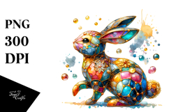 Colorful Bunny with Golden Insertions, Watercolor PNG Product Image 1