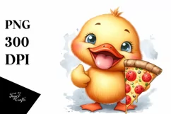 Washed Watercolor Duck Holding Pizza Slice | Clipart Product Image 3