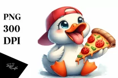 Washed Watercolor Duck Holding Pizza Slice | Clipart Product Image 1