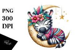 Vibrant Boho Cute Baby Zebra Sleeping on the Moon, PNG Product Image 1