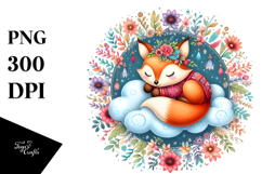 Boho Cute Baby Fox Sleeping on the Cloud, PNG Product Image 1