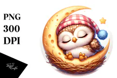 Vibrant Cute Baby Owl Sleeping on the Moon, PNG Product Image 1