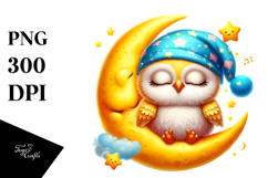 Vibrant Baby Owl Sleeping on the Moon PNG Product Image 1