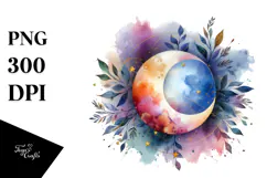 Vibrant Watercolor Moon with Foliage Stars Product Image 1