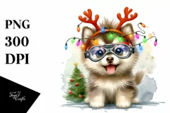 Enthusiastic Siberian Husky Reindeer Portrait PNG Product Image 3