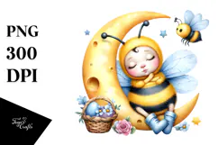 Vibrant Baby Bee Sleeping on the Moon, PNG Product Image 1