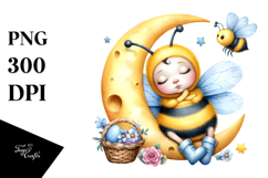 Vibrant Baby Bee Sleeping on the Moon, PNG Product Image 1