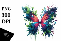 Vibrant Butterfly with Plant Leaves, PNG Product Image 1