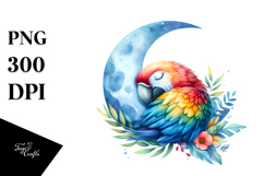 Vibrant Whimsical Baby Macaw Sleeping on the Moon, PNG Product Image 1
