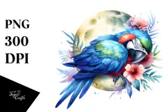 Vibrant Whimsical Baby Macaw Sleeping on the Moon, PNG Product Image 1
