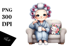 Elderly Lady Sitting on Couch | Hair Curler Mug Clipart Product Image 1