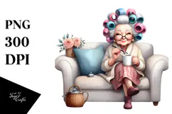 Elderly Lady Sitting on Couch | Hair Curler Mug Clipart Product Image 1