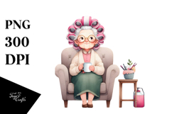 Elderly Lady Sitting on Couch | Hair Curler Mug Clipart Product Image 1