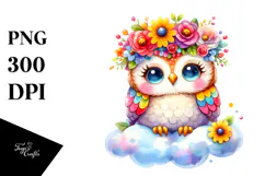 Cute Watercolor Owl with Flower Crown, PNG Product Image 1