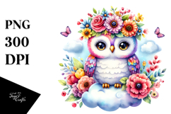 Cartoon-Style Vibrant Owl Sitting on a Cloud PNG Product Image 1