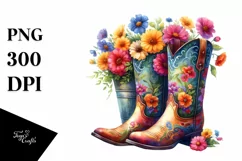 Colorful Flower Pot Cowboy Boots PNG Product Image 1
