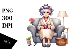 Elderly Lady Sitting on Sofa | Hair Curler Mug Clipart Product Image 1