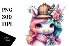 Baby Unicorn Detective, Watercolor PNG Product Image 1