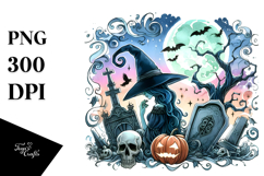 Vibrant Drawing of Witch with Grave | Sublimation | Clipart Product Image 1