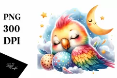 Colorful Baby Parrot on Moon PNG Product Image 1