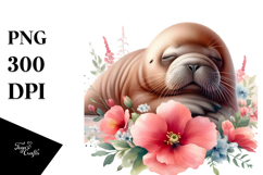 Baby Walrus Sleeping on Flower PNG Product Image 1