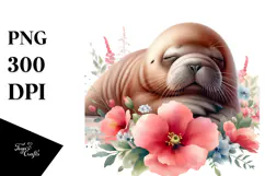 Baby Walrus Sleeping on Flower PNG Product Image 1