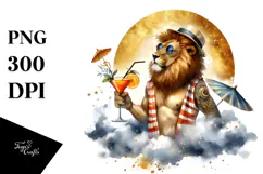 Cocktail Drinking Lion in Beachwear PNG Product Image 1