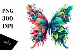 Abstract Butterfly with Plant Leaves and Flowers, PNG Product Image 1