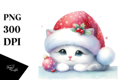 A Cute Watercolor Cat with Santa Hat, White Background Product Image 1