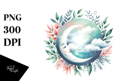 Vibrant Boho Moon with Foliage Clouds | Sublimation Clipart Product Image 1