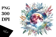Vibrant Boho Moon with Foliage Clouds | Sublimation Clipart Product Image 1