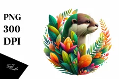 Abstract Otter with Plant Leaves and 3D Flowers, PNG Product Image 3