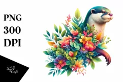 Abstract Otter with Plant Leaves and 3D Flowers, PNG Product Image 1