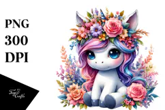 Baby Unicorn with Floral Wreath PNG Product Image 1