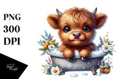 Cute Watercolor Highland Cow Sitting in Bath Tub with Product Image 1