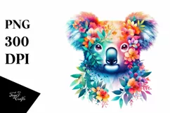 Abstract Koala with Plant Leaves and 3D Flowers, PNG Product Image 1