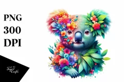 Abstract Koala with Plant Leaves and 3D Flowers, PNG Product Image 1