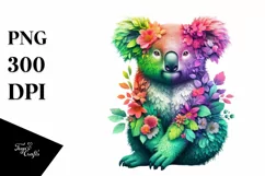 Abstract Koala with Plant Leaves and 3D Flowers, PNG Product Image 1
