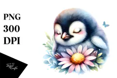 Baby Penguin Sleeping on Flower PNG Product Image 1