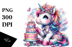 Colorful Baby Unicorn with Cake PNG Product Image 1